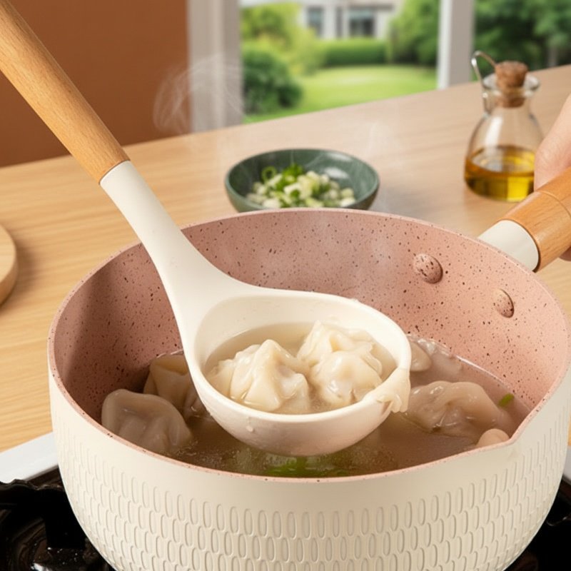 Three-piece silicone cooking utensils set including soup spoon and spatula