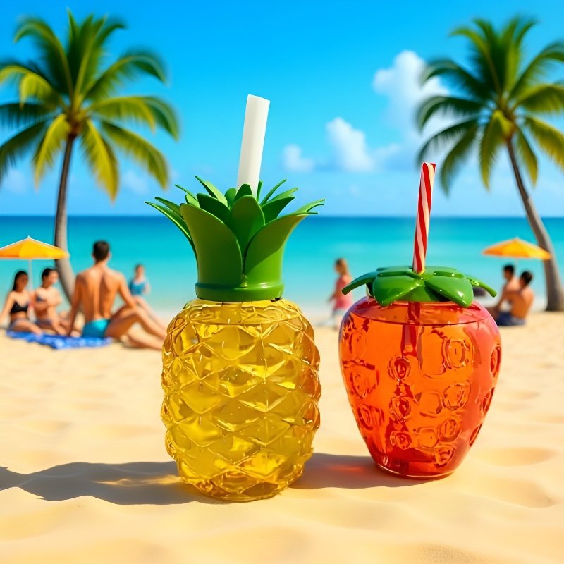 イチゴとパイナップルのプラスチック製ストローカップ