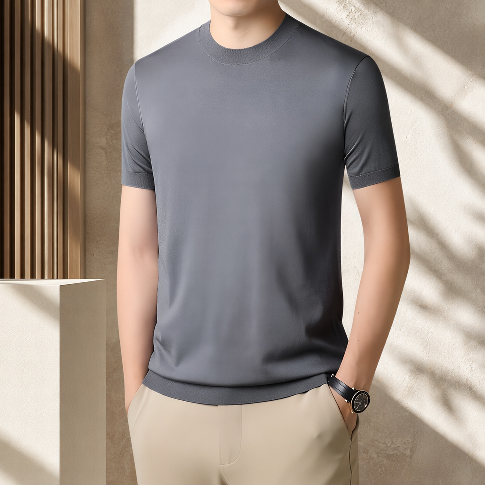 メンズ 夏用 ゆったりフィット 無地 ニット 半袖Tシャツ カジュアル 通気トップス