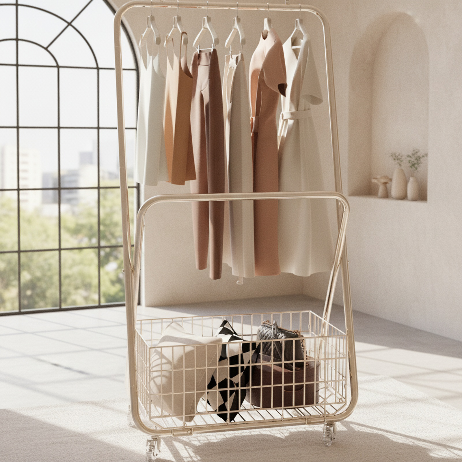 Floor-standing clothes rack floor bedroom coat rack thickened metal with wheels balcony clothes rack