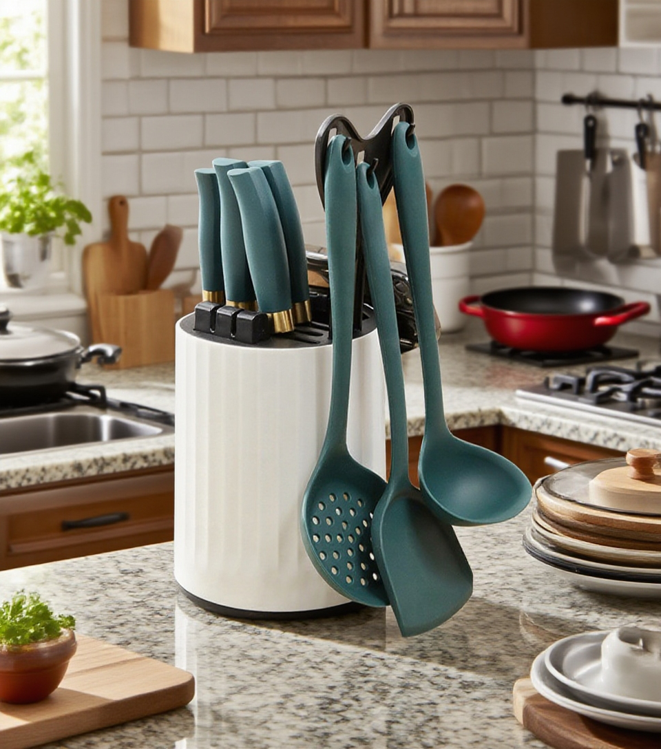 حامل سكاكين مطبخ متعدد الوظائف بتصميم دوار