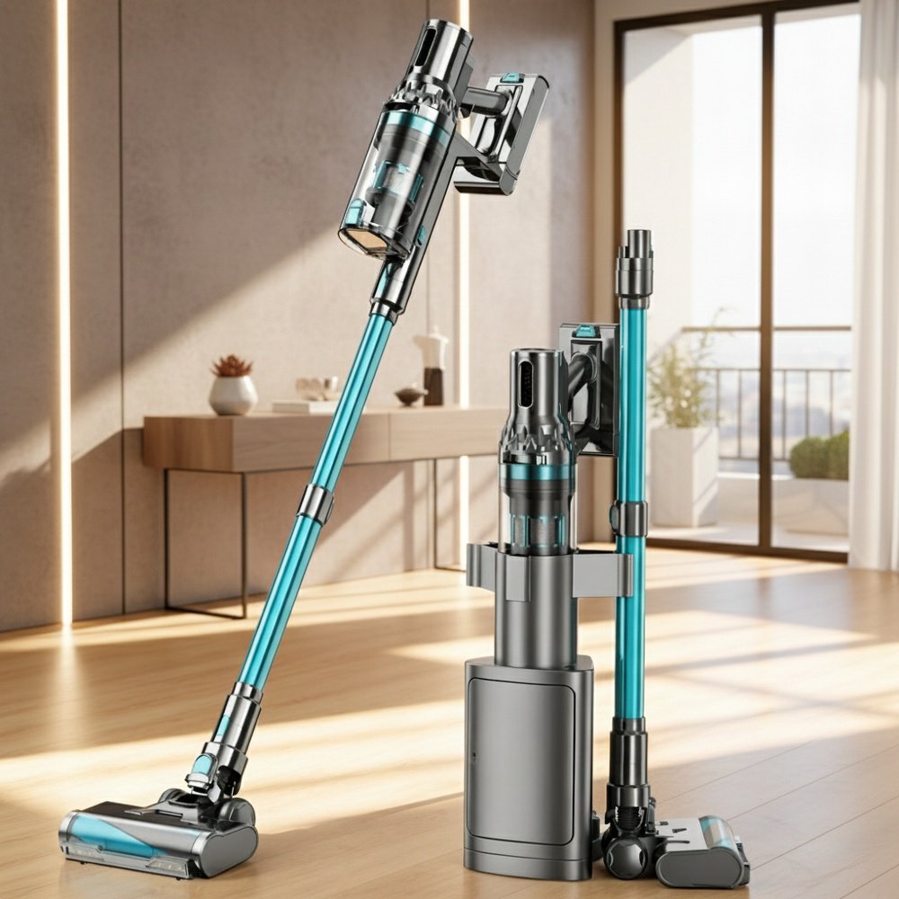 Cyclone Bagless Vacuum Cleaner in upright position on hardwood floor