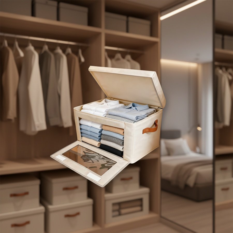 Space-saving wardrobe storage box with side opening