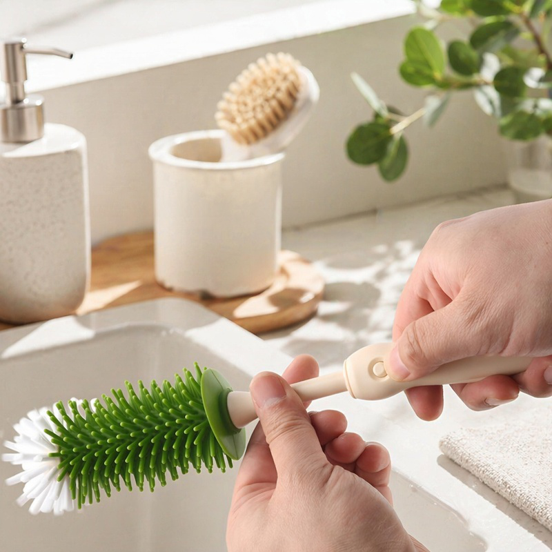 New Liquid Storage Bottle Brush – Gap Cleaning Long Handle Silicone & Nylon Brush Set