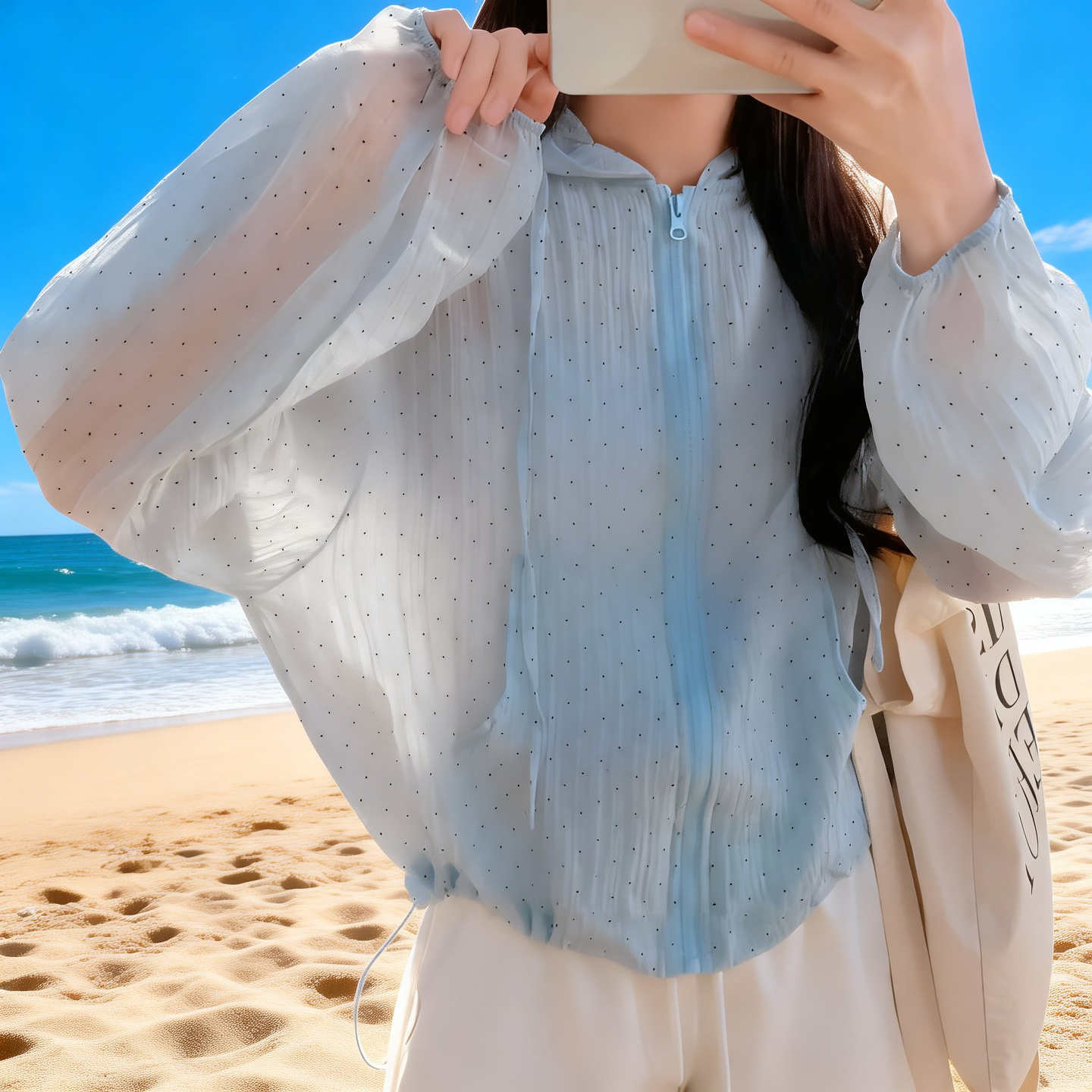 韓国風水玉模様のフード付き日焼け防止シャツ（女性用）
