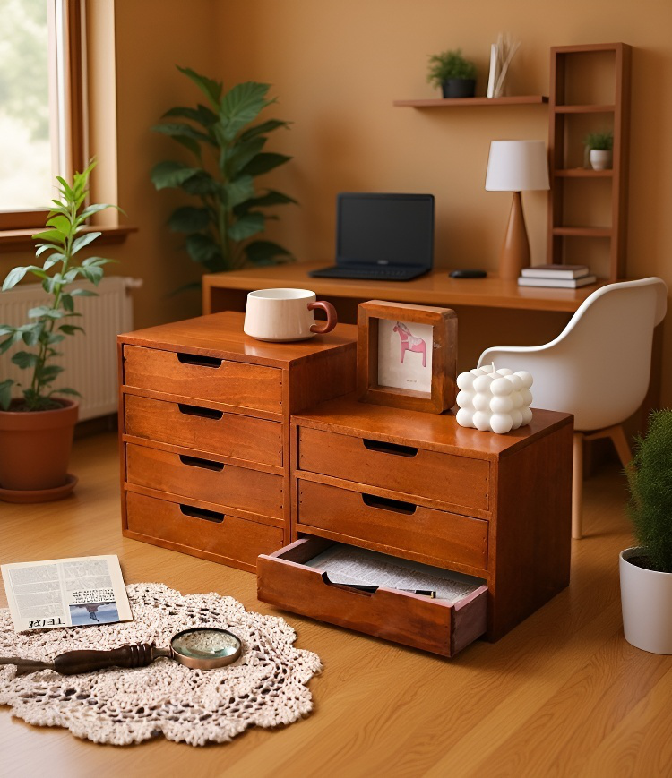 다양한 사무용품을 수납한 탁상 사물함