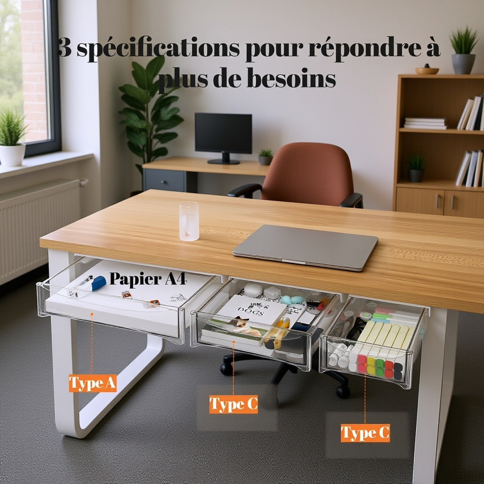Boîte de rangement invisible pour bureau tiroir extensible sans perçage ni clou
