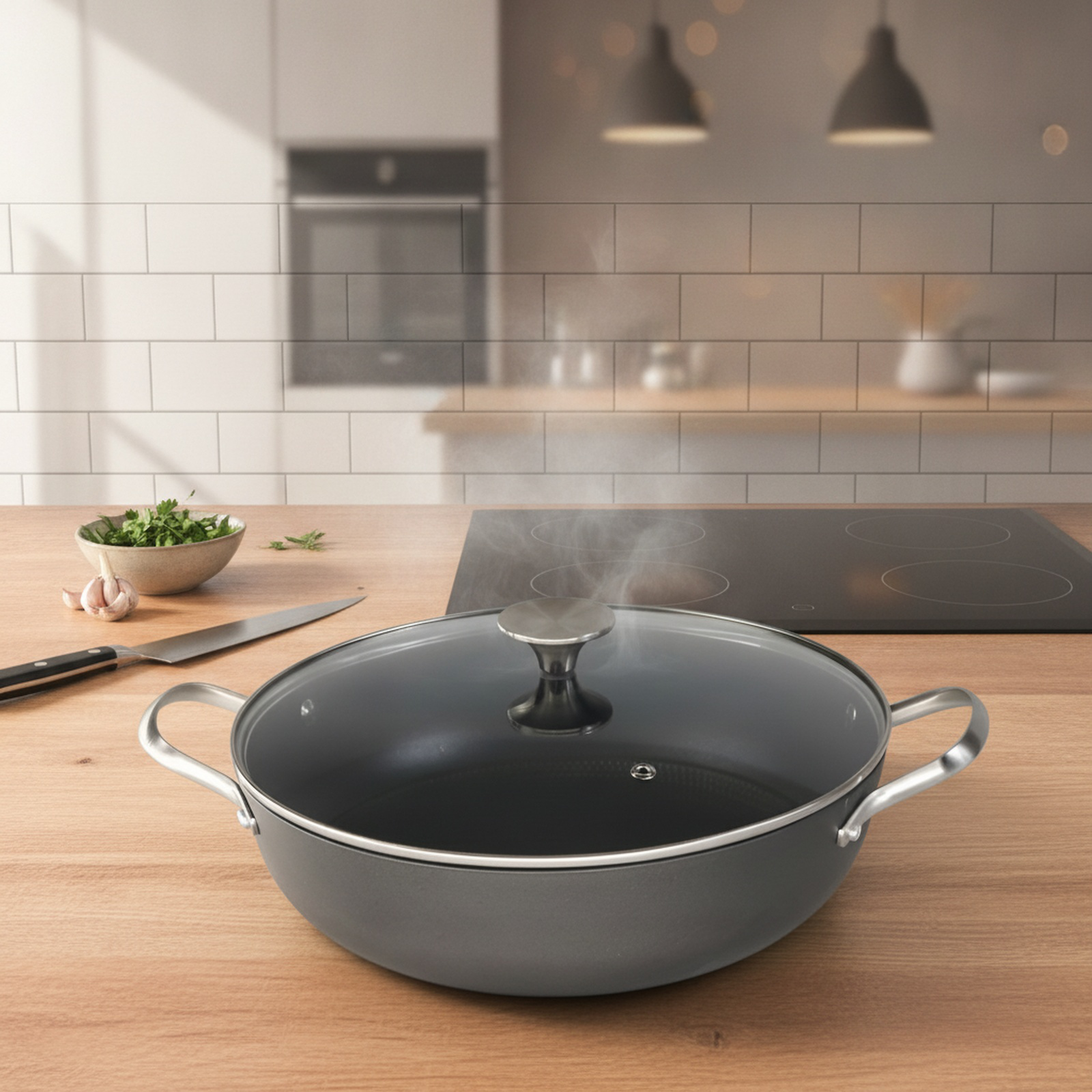 Seafood stew cooking in enameled cast iron pot