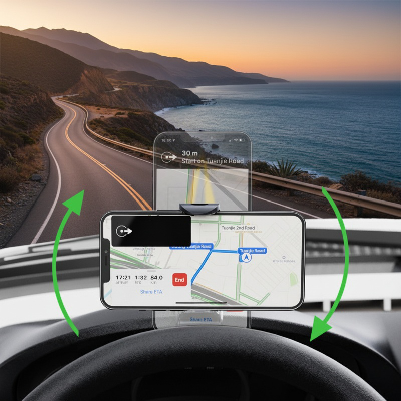 Rotating car phone holder in use for navigation