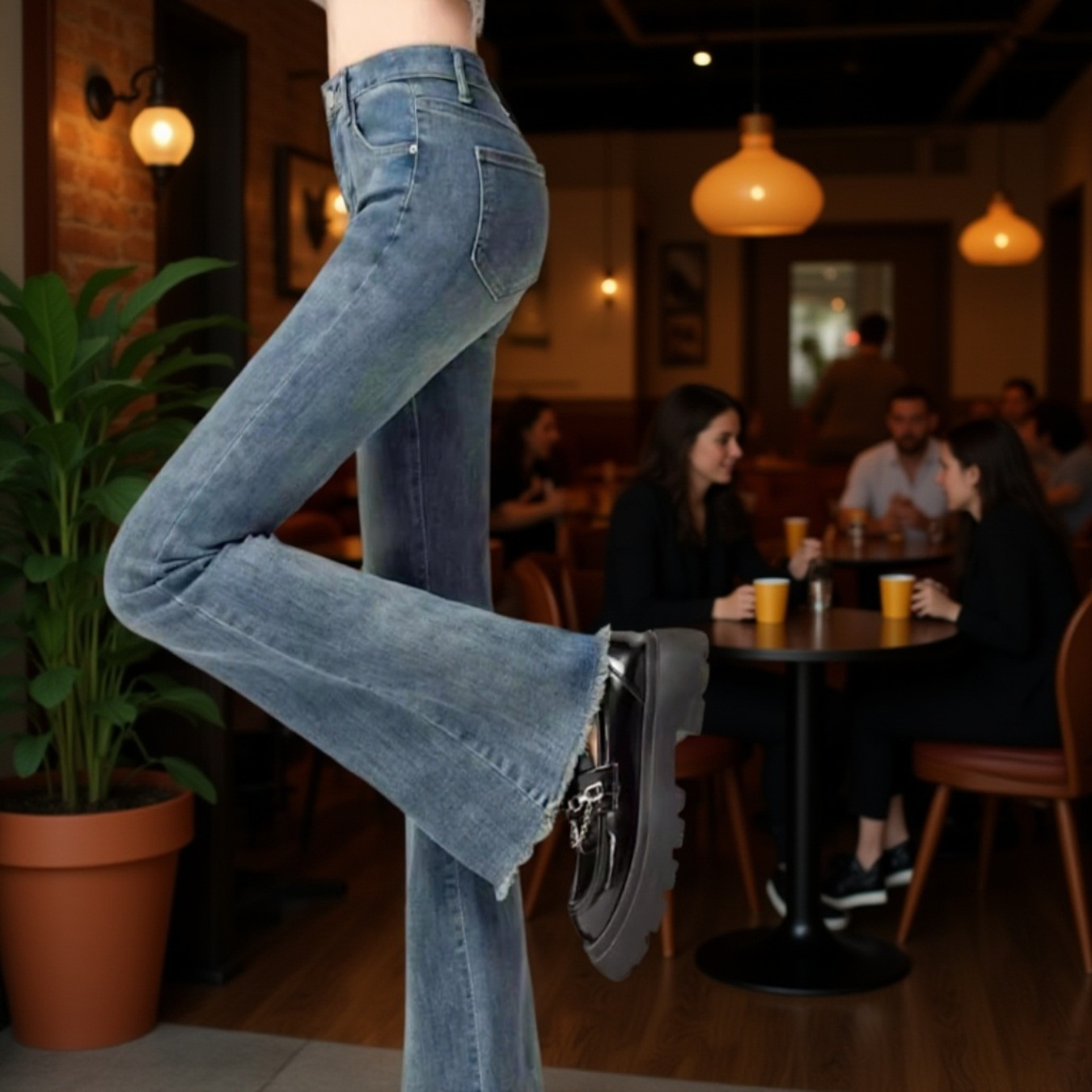 여성 하이웨스트 조거 스판 슬림핏 데님 팬츠 봄 퍼플레어 데님 팬츠