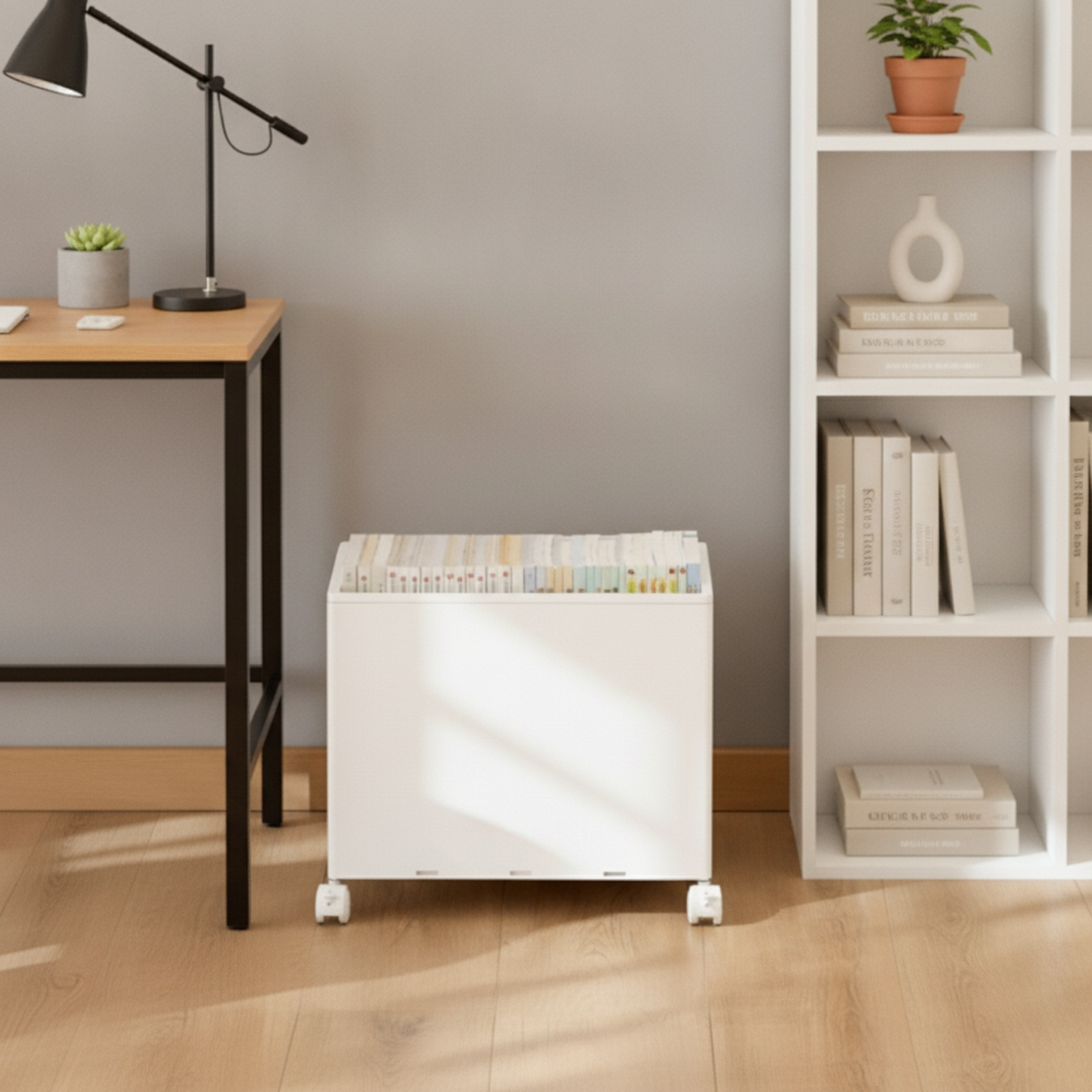 Rolling cart with lid for compact under-desk organization
