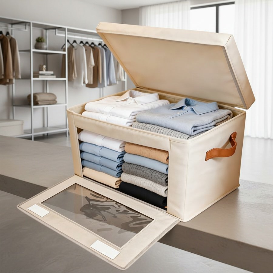 Multi-purpose folding storage box with clear window