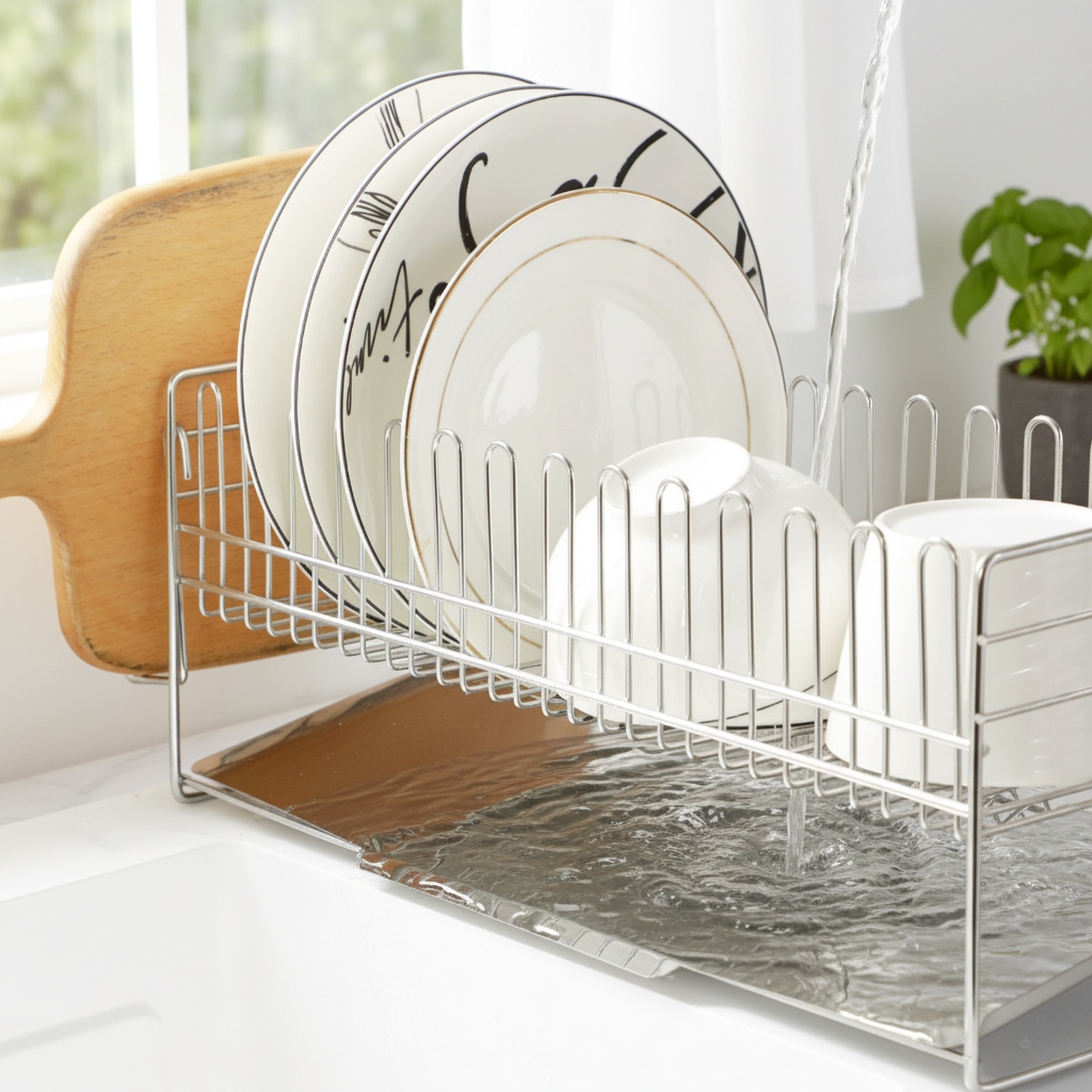 Escurridor de utensilios de cocina de acero inoxidable, para fregaderos estrechos