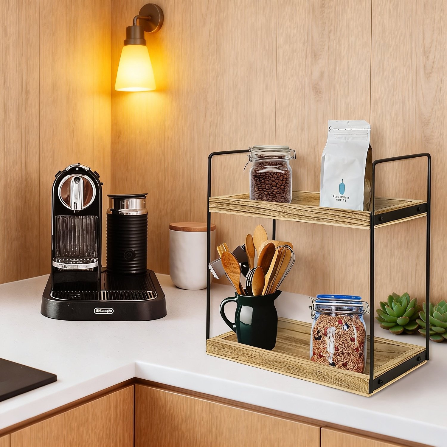 Multi-tier kitchen and bathroom storage shelf for spices and cosmetics
