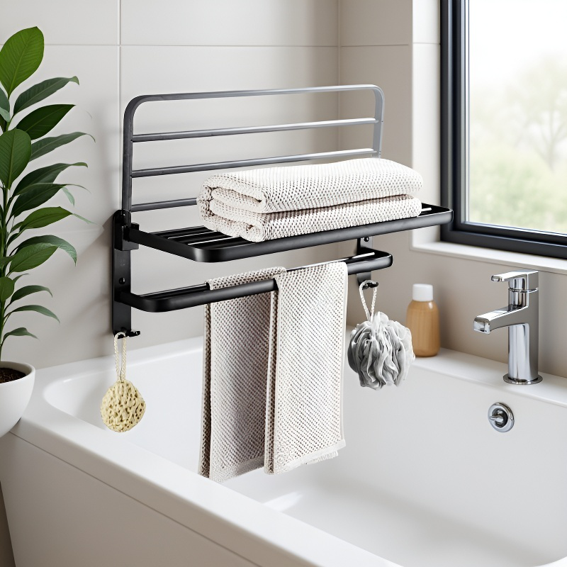 Space-saving towel rack with multiple hooks