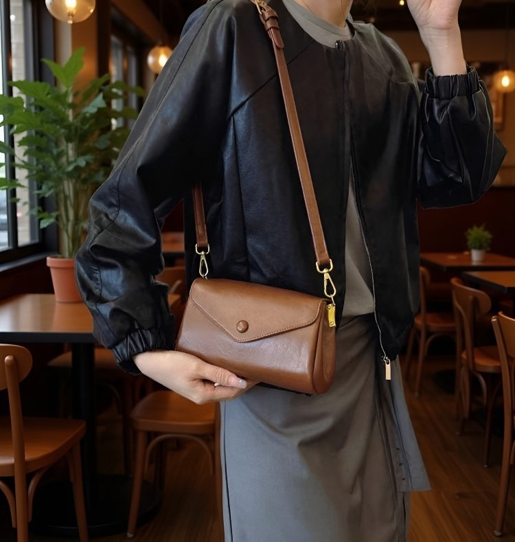 가죽 크로스백의 견고한 스트랩과 금속 장식