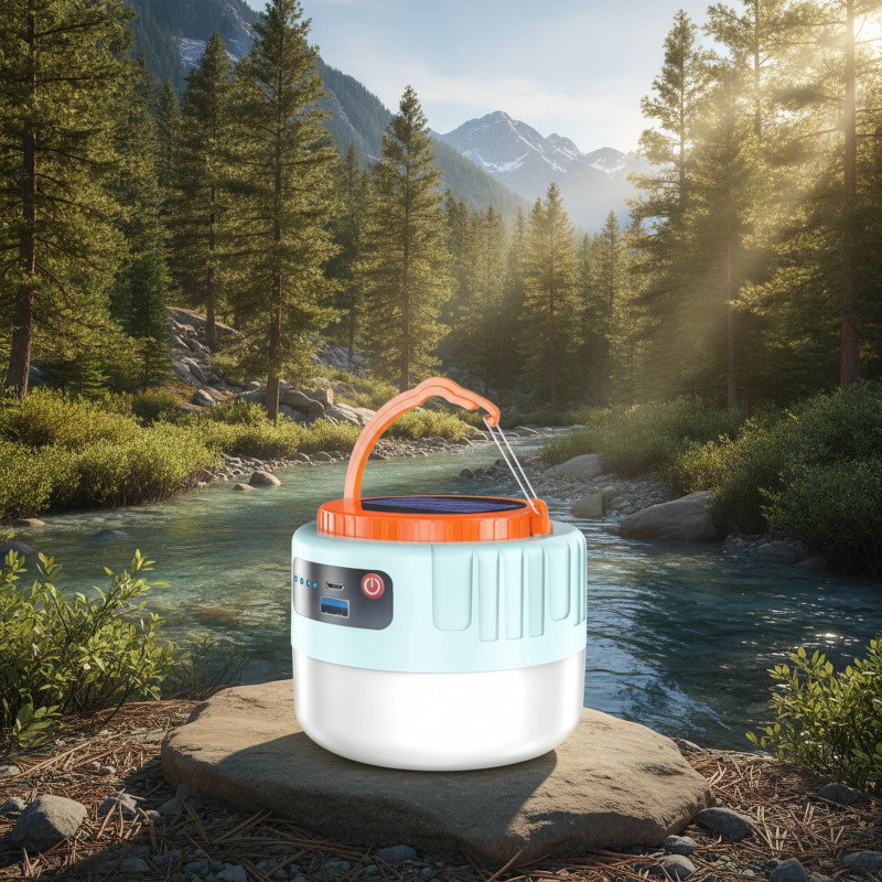 Luz LED multifuncional para camping con memoria de brillo y carga solar