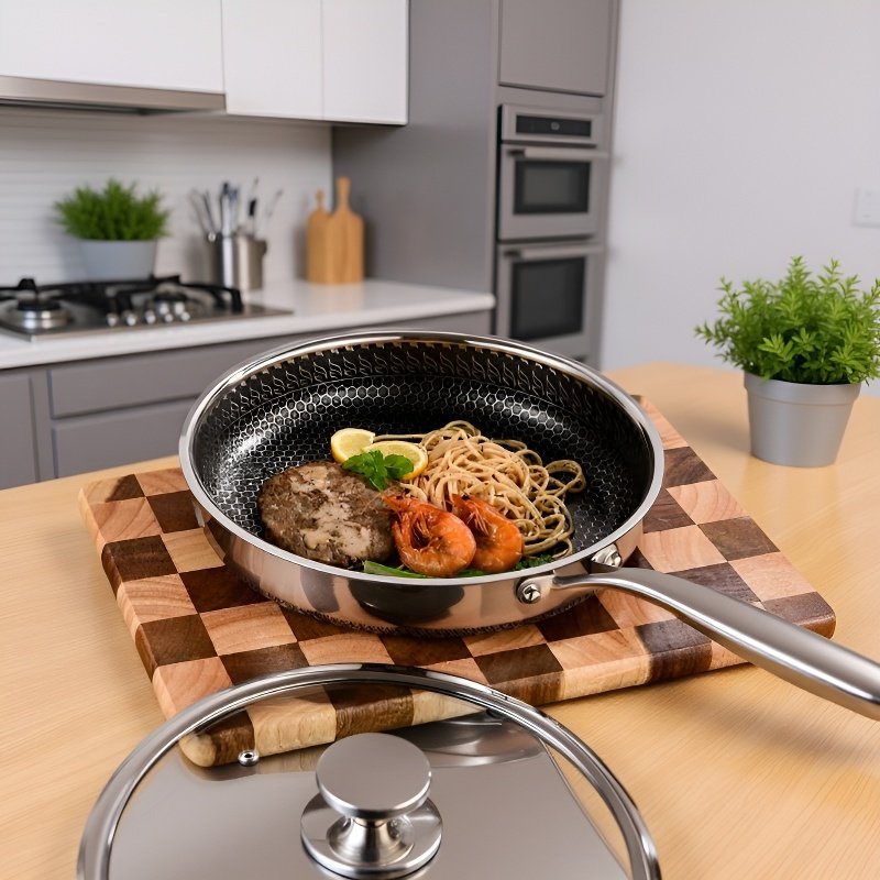 Batería de Cocina Antiadherente con Tapa, Acero Inoxidable 304, Diseño de Panal