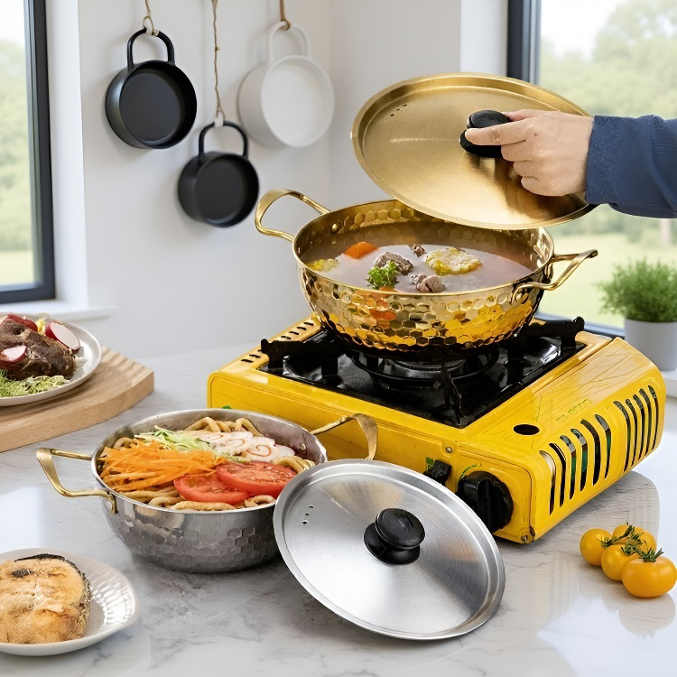 Vielseitiger goldener Hammerschlag-Suppentopf und Pfanne für Induktionskochfeld