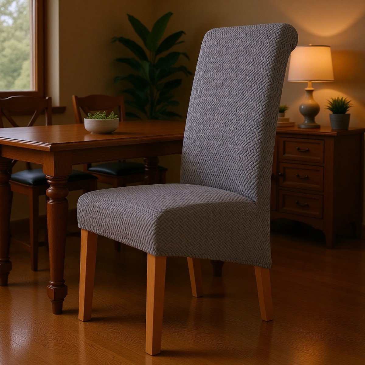 Chaise de salle à manger en tissu jacquard extensible, dossier haut, pour hôtel