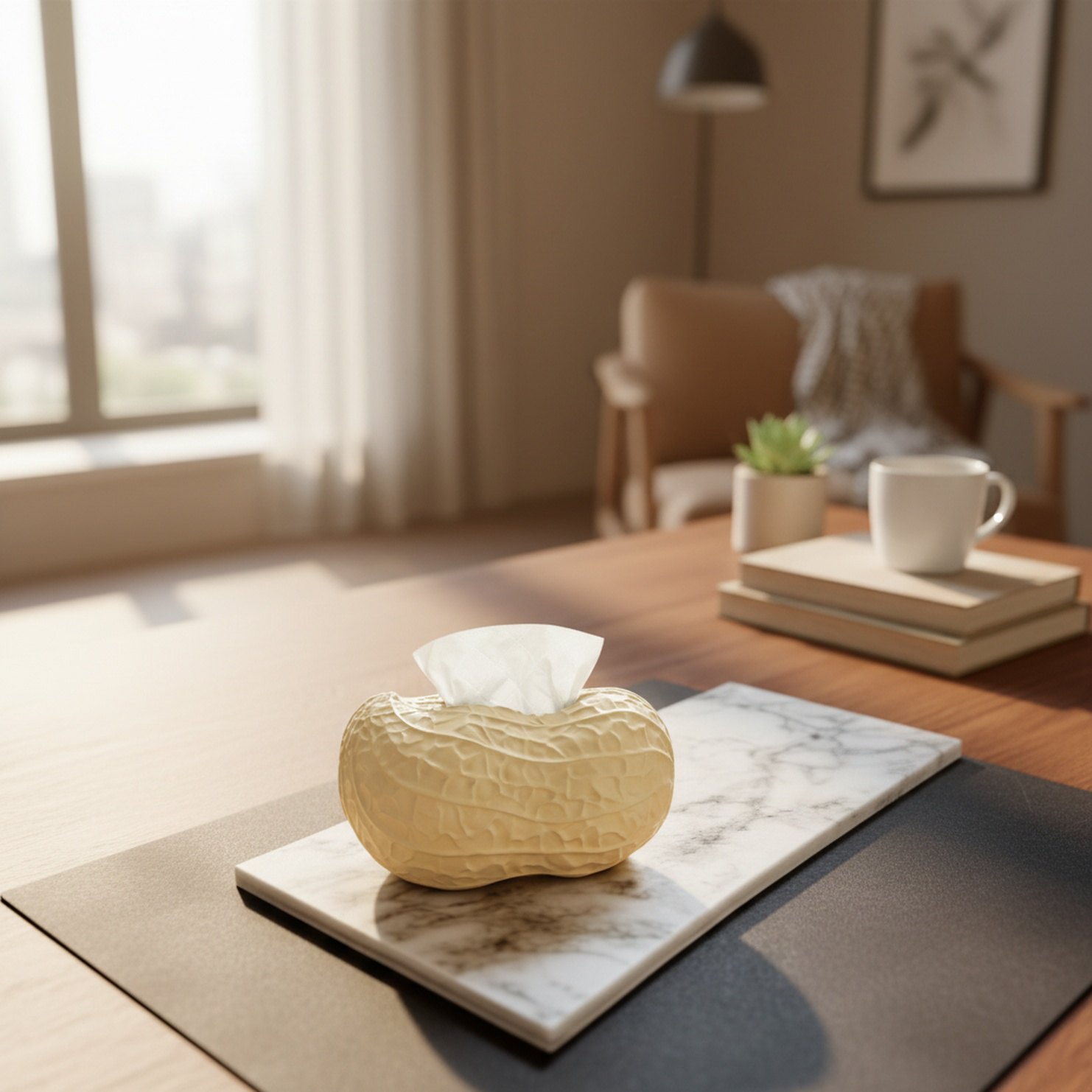 Modern living room with elegant peanut shaped tissue box