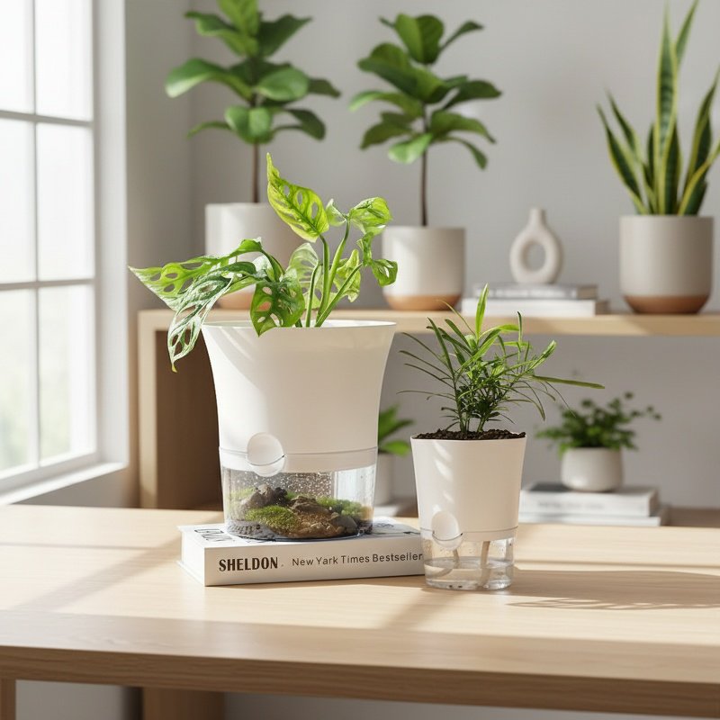 Selbstbewässernder Blumentopf im modernen Wohnzimmer
