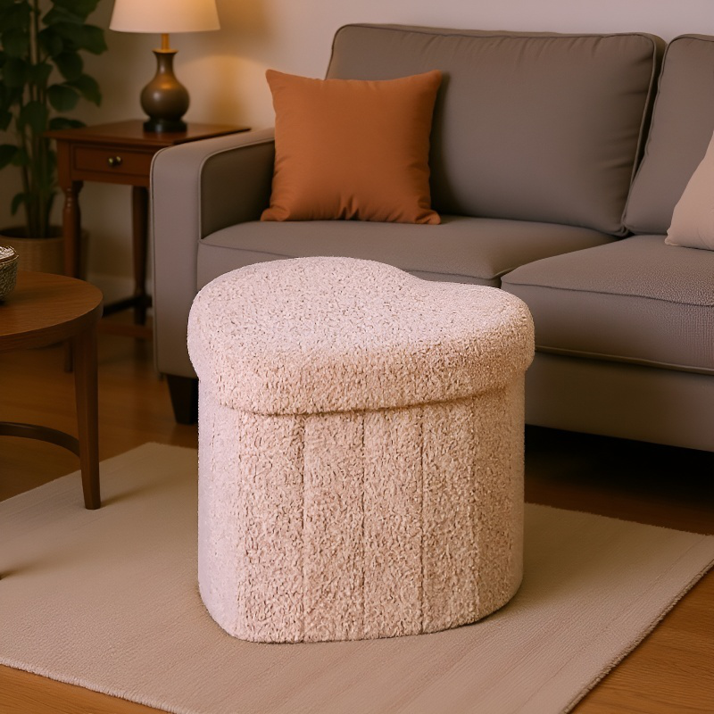 Tabouret de rangement multifonctionnel en forme de cœur, tissu Teddy, format compact