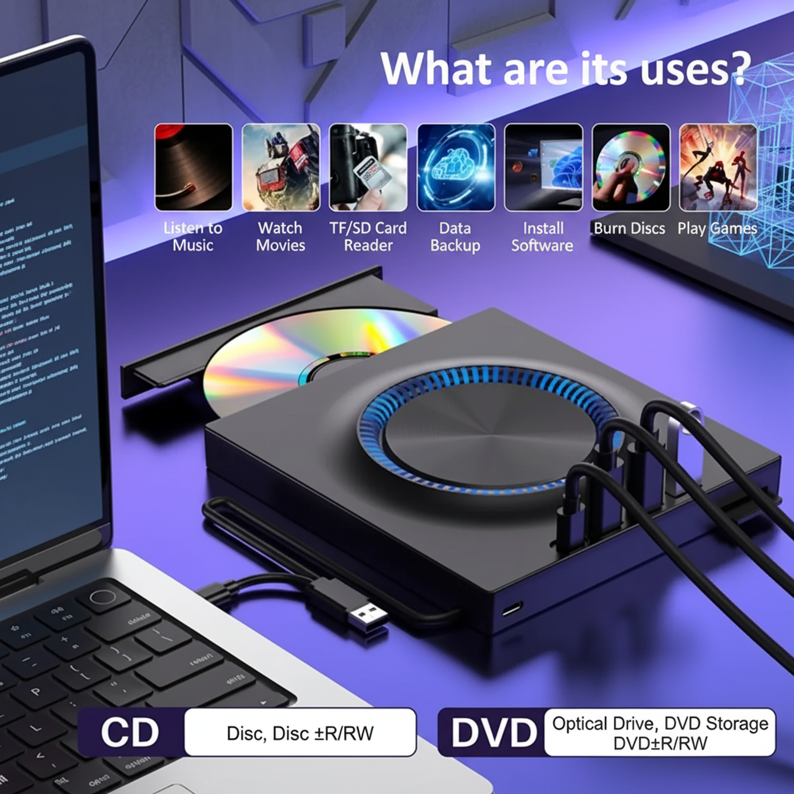 USB External Optical Drive Portable DVD Burner, Compatible with Desktop and Laptop