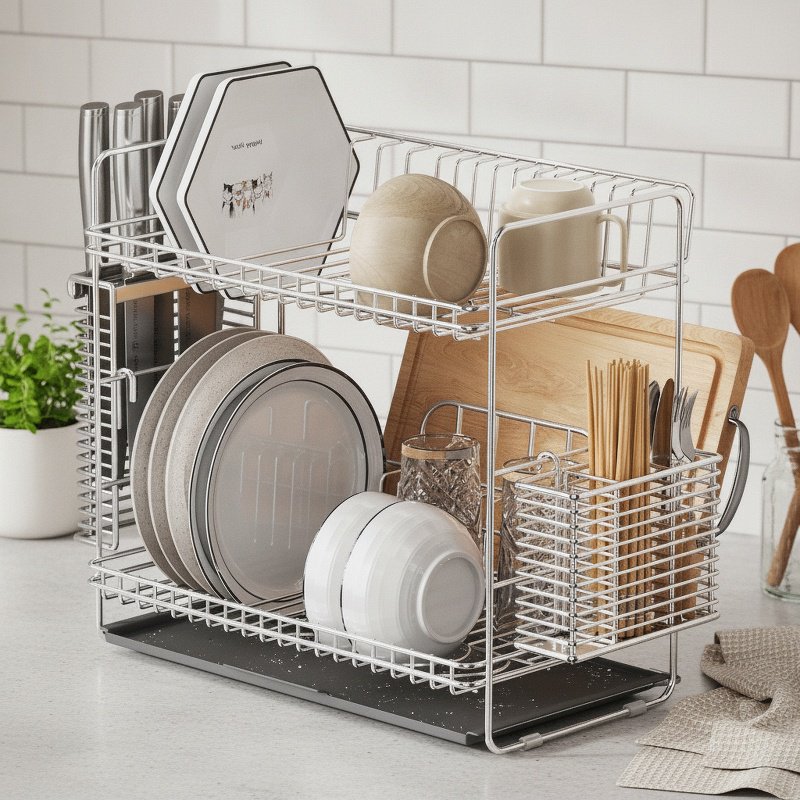 Kitchen Drain Rack 304 Stainless Steel Double Layer Dish Organizer
