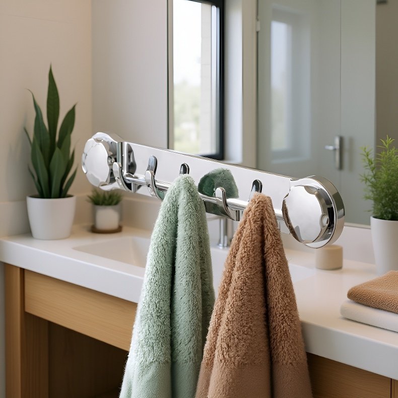 욕실에 설치된 강력한 흡착 컵 후크