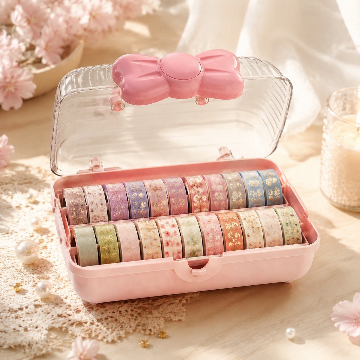 Open storage box with assorted hair clips and barrettes