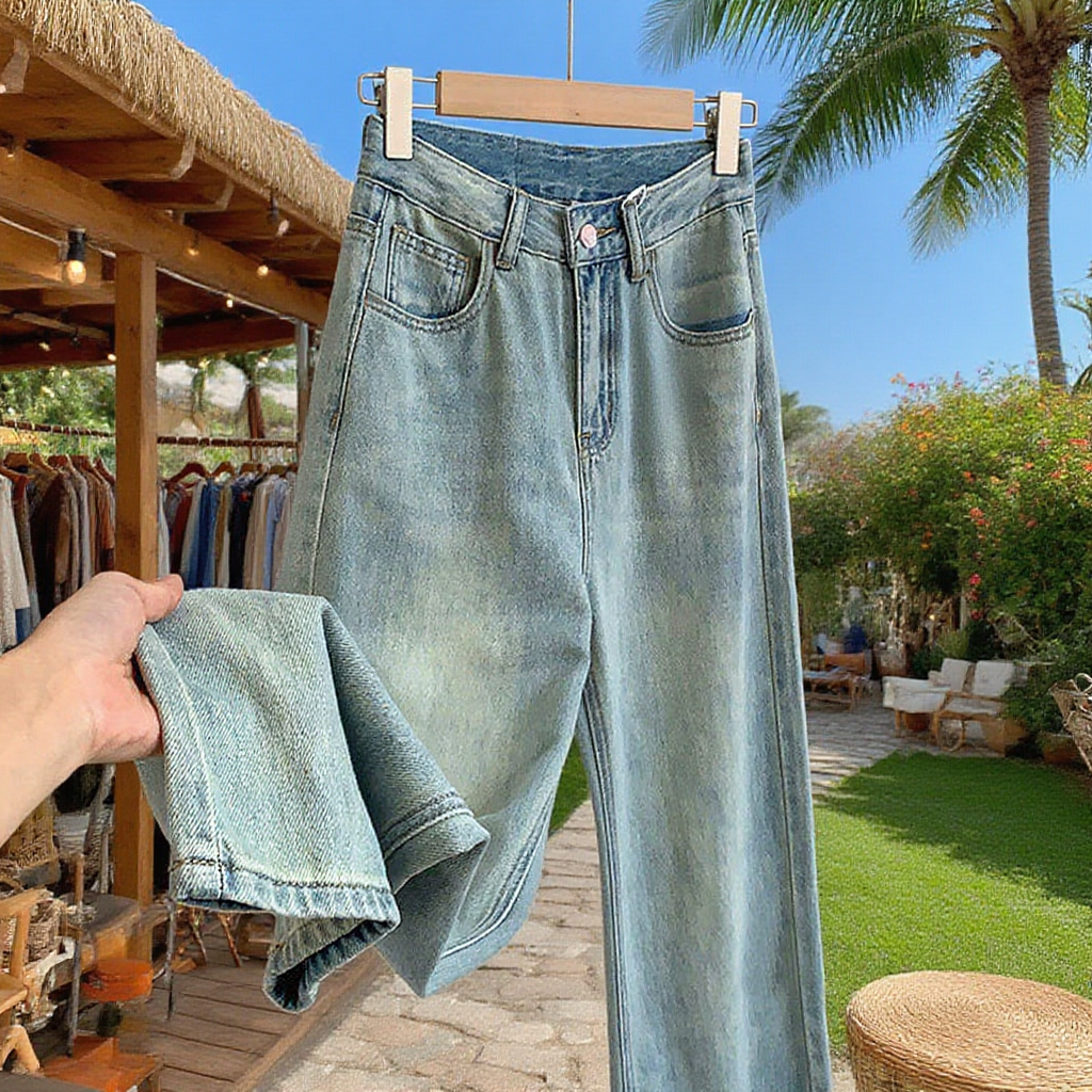 早秋薄手ゆったりストレートデニムパンツ