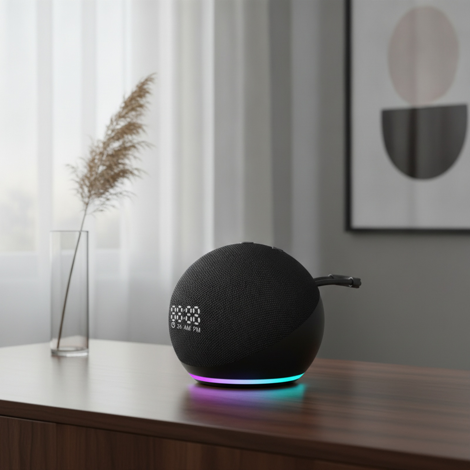 Tragbarer Mini-Bluetooth-Lautsprecher mit Uhr auf Schreibtisch