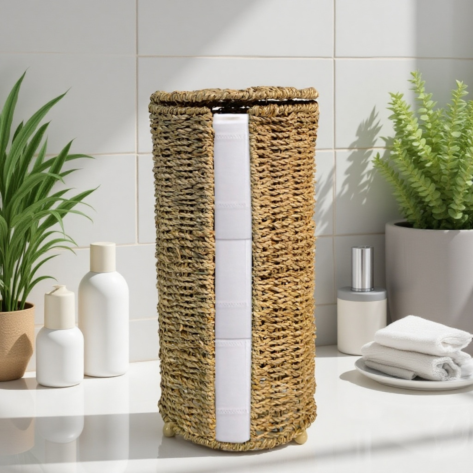 天然草編み丸型コーヒーカップ収納バスケット