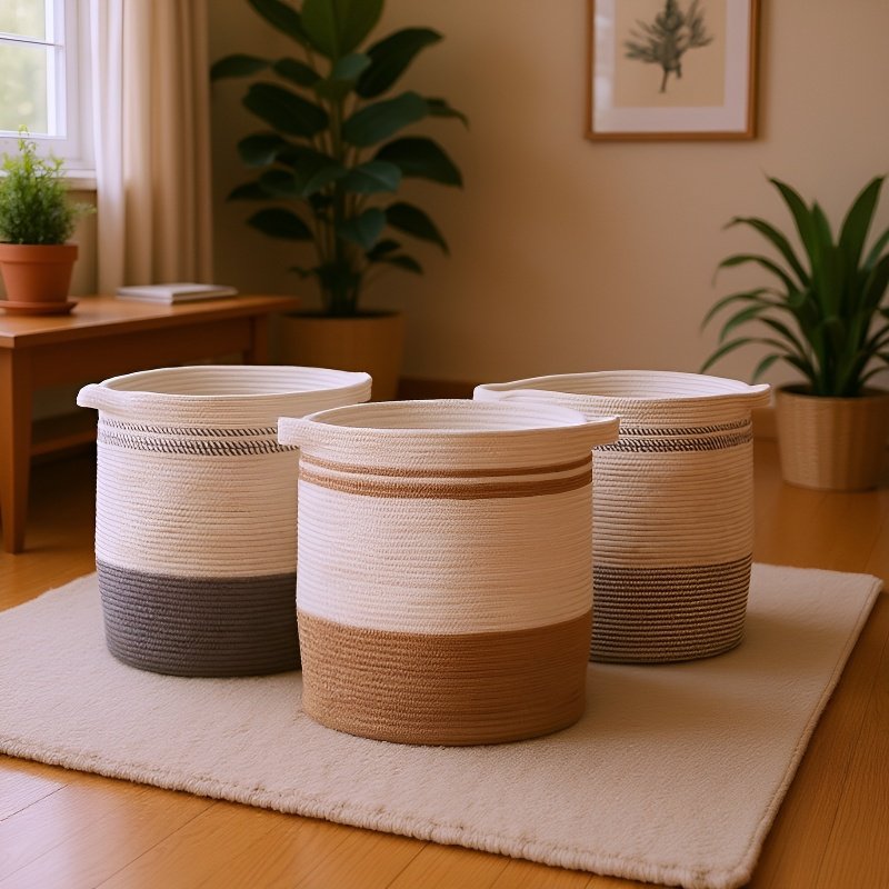  سلة تخزين منزلية منسوجة بحبل قطني لتخزين الأغراض والمجلات والوجبات الخفيف