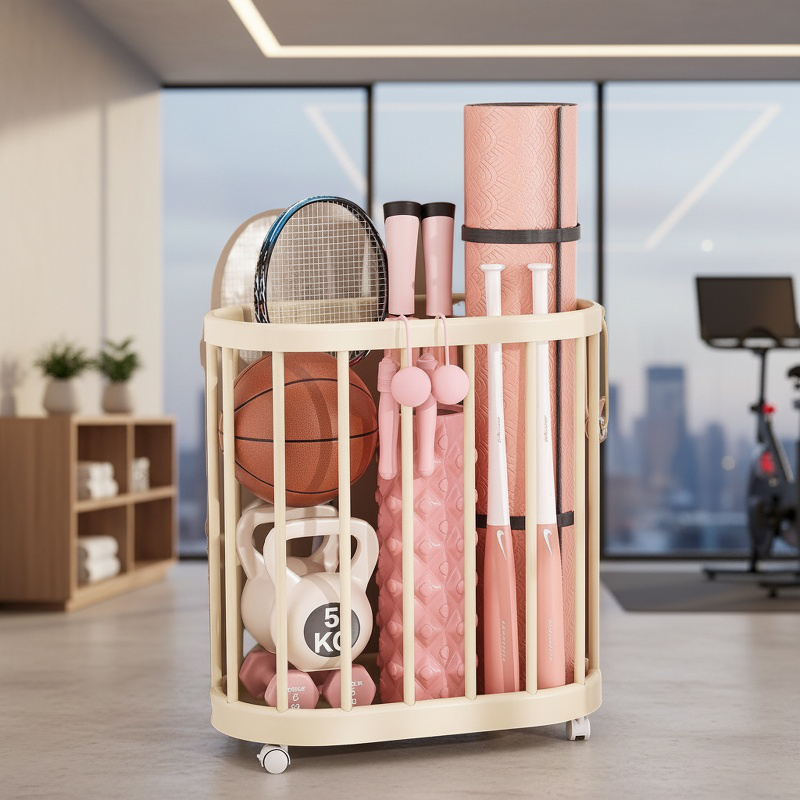 Movable home fitness equipment storage frame with wheels