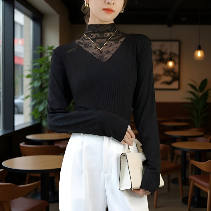 여성 니트 레깅스 봄가을 휴가 투피스 이너 레깅스 여 긴팔 상의 망사 레이스 슬림 레깅스