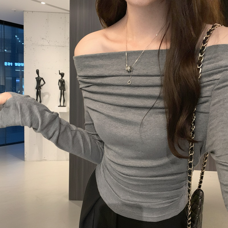 허리 조이는 쇼트 상의 셔링 섹시 쇼트 상의 긴팔 티셔츠 여 슬림핏 허리 조이는 봄옷