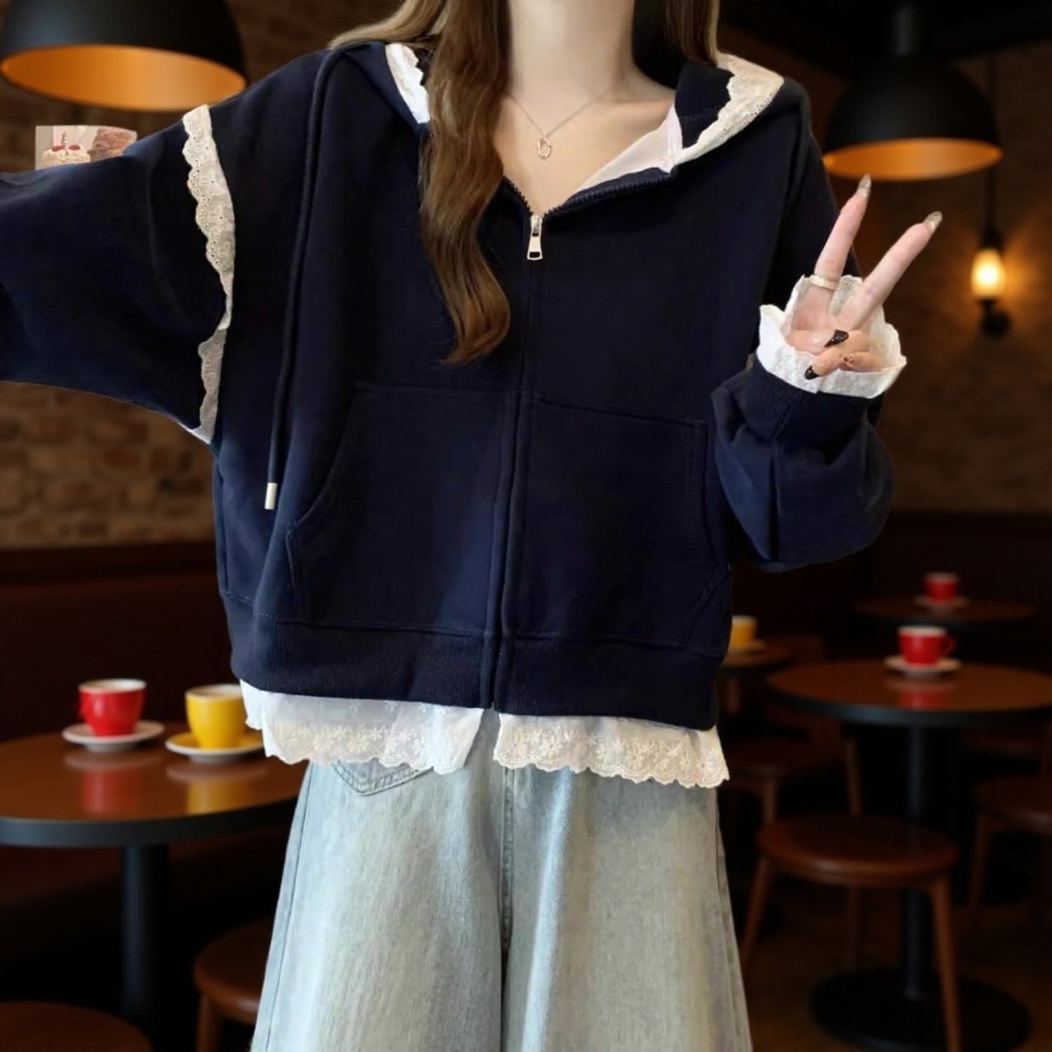 新作レースフード付きジップアップパーカーぽっちゃり体型カバー上着