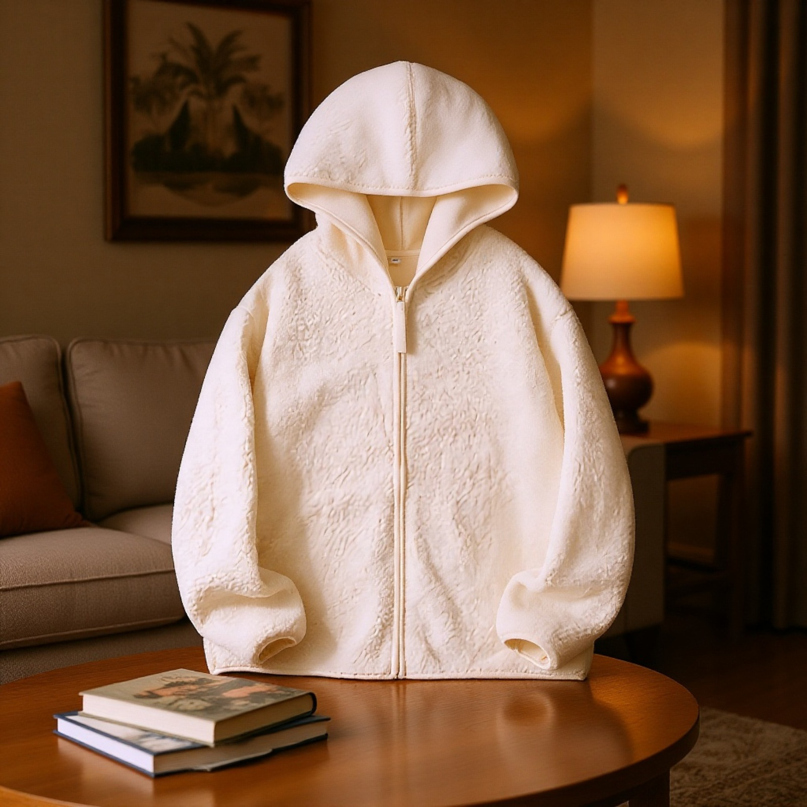 やさしいミルキーホワイト厚手フリース保温フード付きパーカー（秋冬用・女性用）