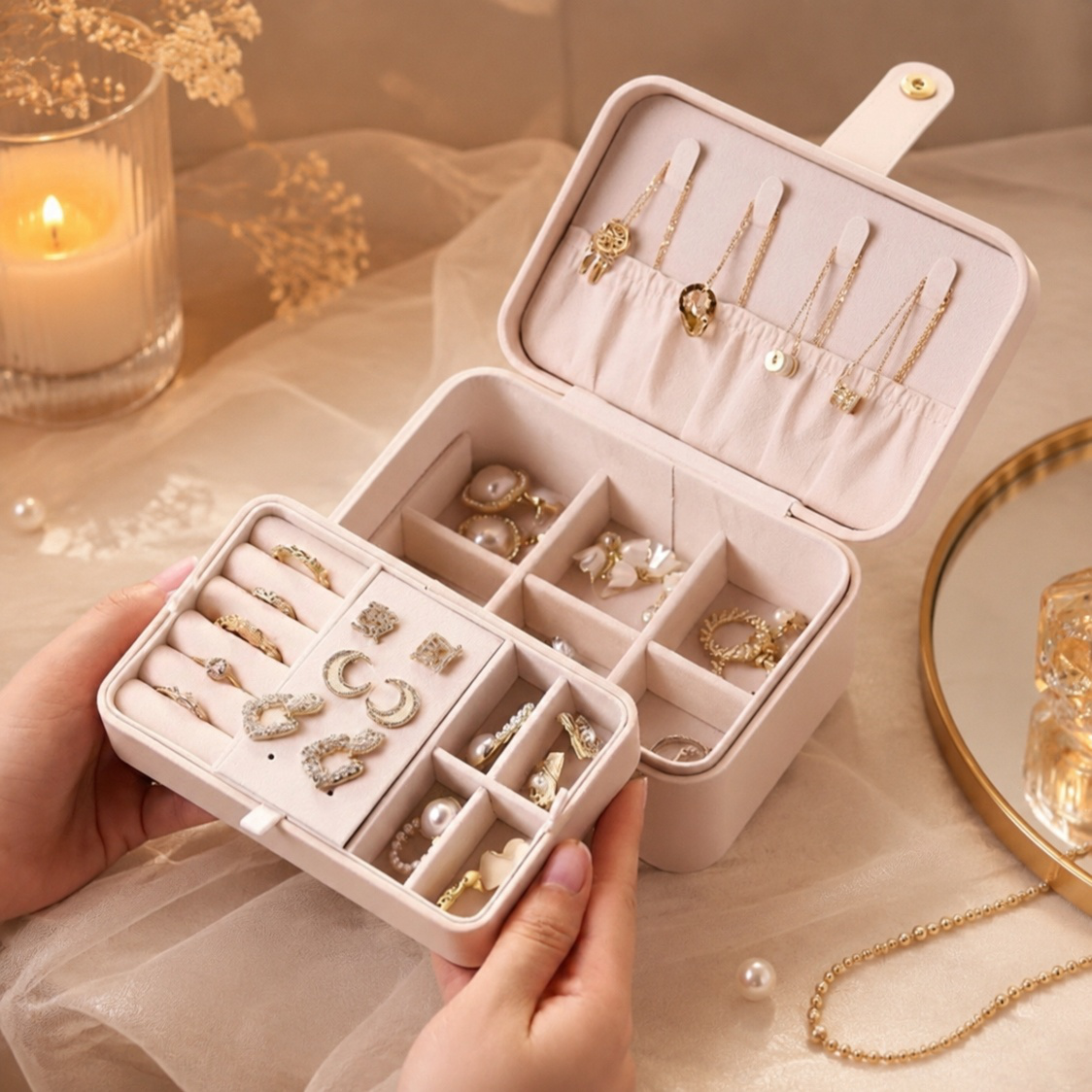 Portable Double-Layer Leather Jewelry Organizer