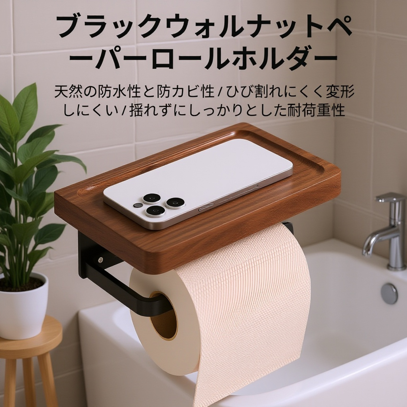  ウォールナット材バスルームペーパーボックス　穴あけ不要ティッシュラック