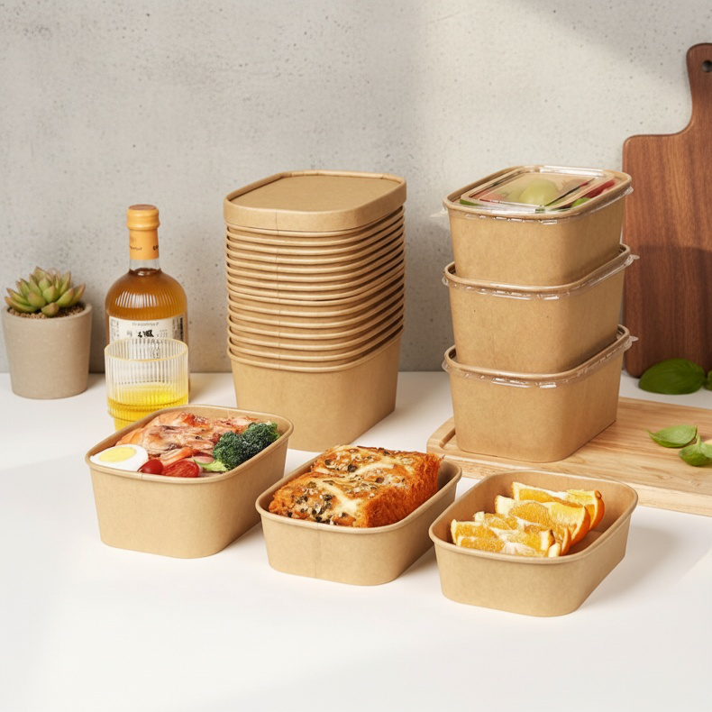 Kraft Paper Rectangular Lunch Box for Takeout and Fast Food