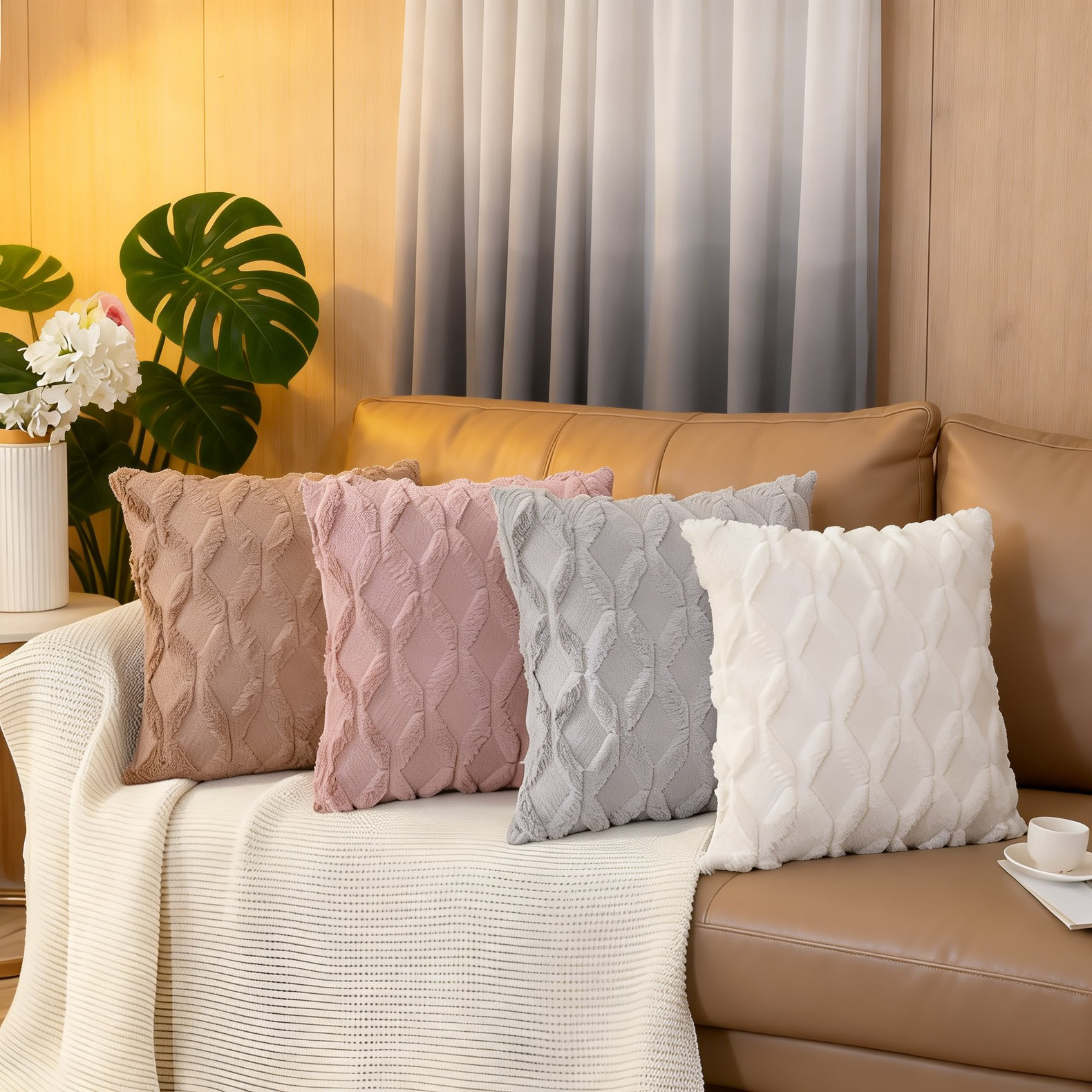 背もたれ枕カバー、ウサギの毛皮をキルティング、ランバー枕用