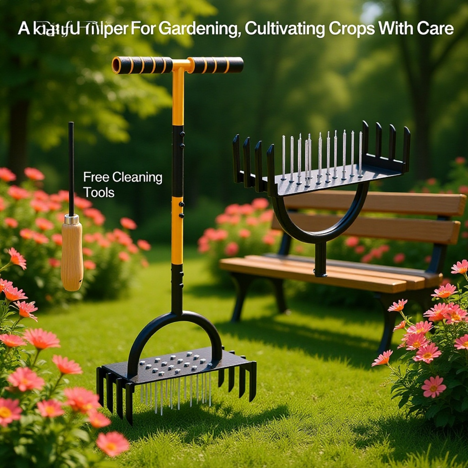 Carbon steel lawn tiller with ergonomic handrail for garden aeration