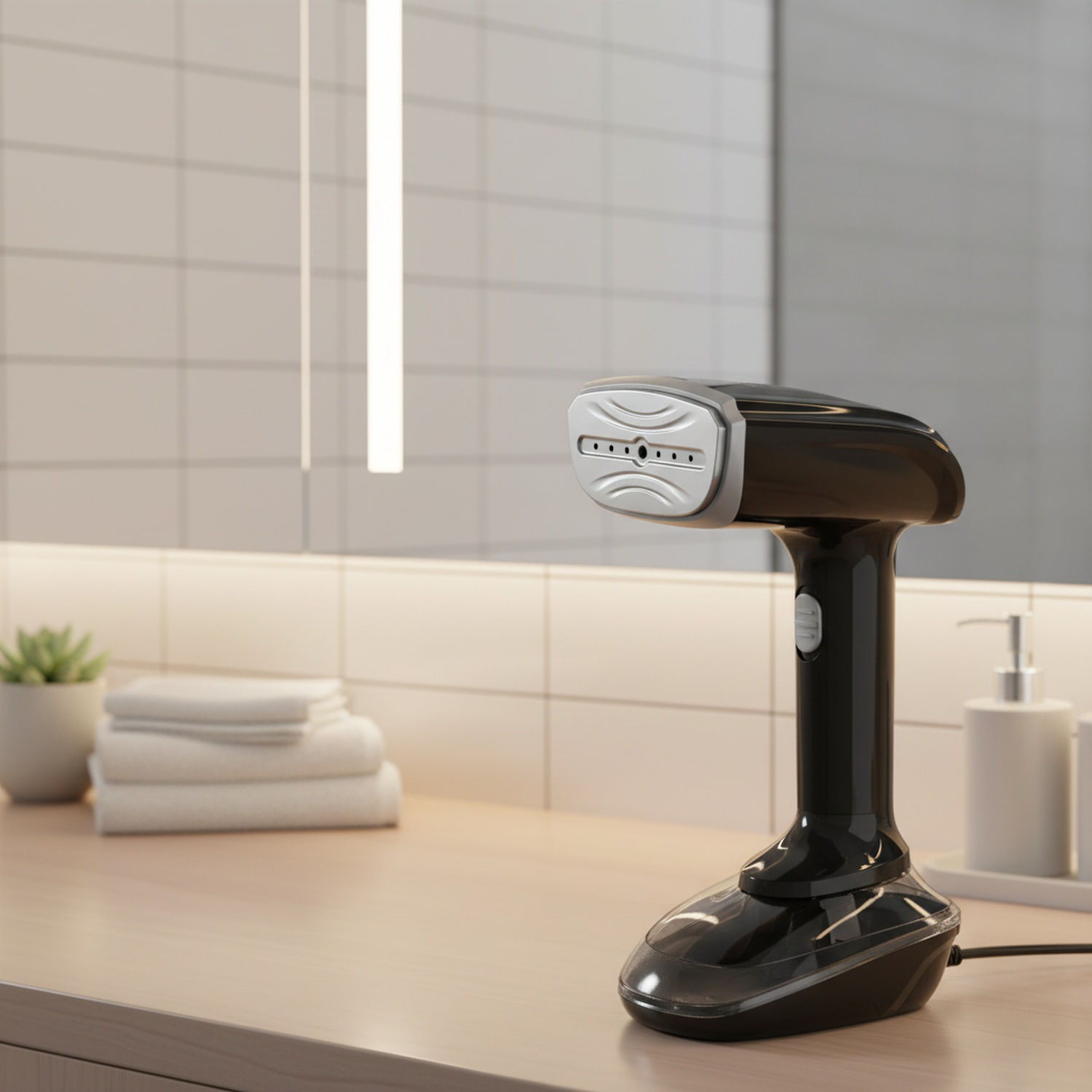 Travel-friendly compact garment steamer in use