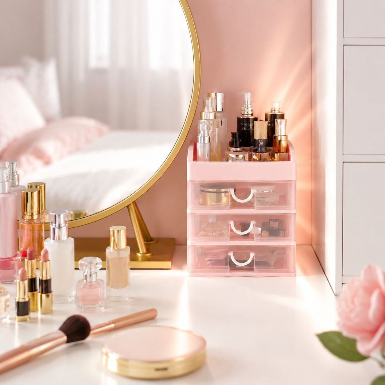 Desktop drawer type lipstick organizer filled with lipsticks