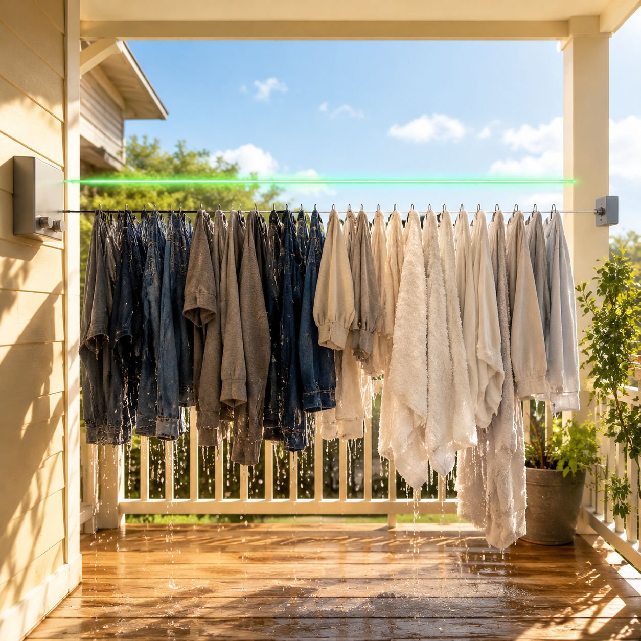 No-Drill Retractable Drying Rack installed on balcony wall