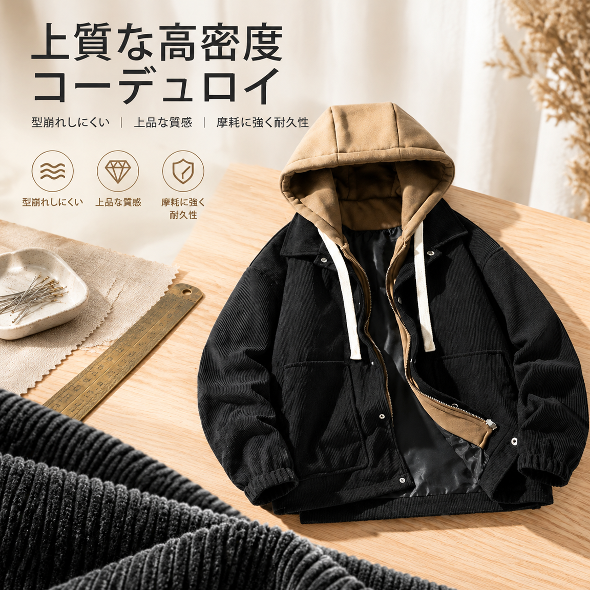 和風のおしゃれなカップル用コーデュロイフード付きジャケット、秋冬用、フリース裏地付きで厚手、メンズのフェイクツーピーススウェットシャツ、香港スタイルのジャケット。