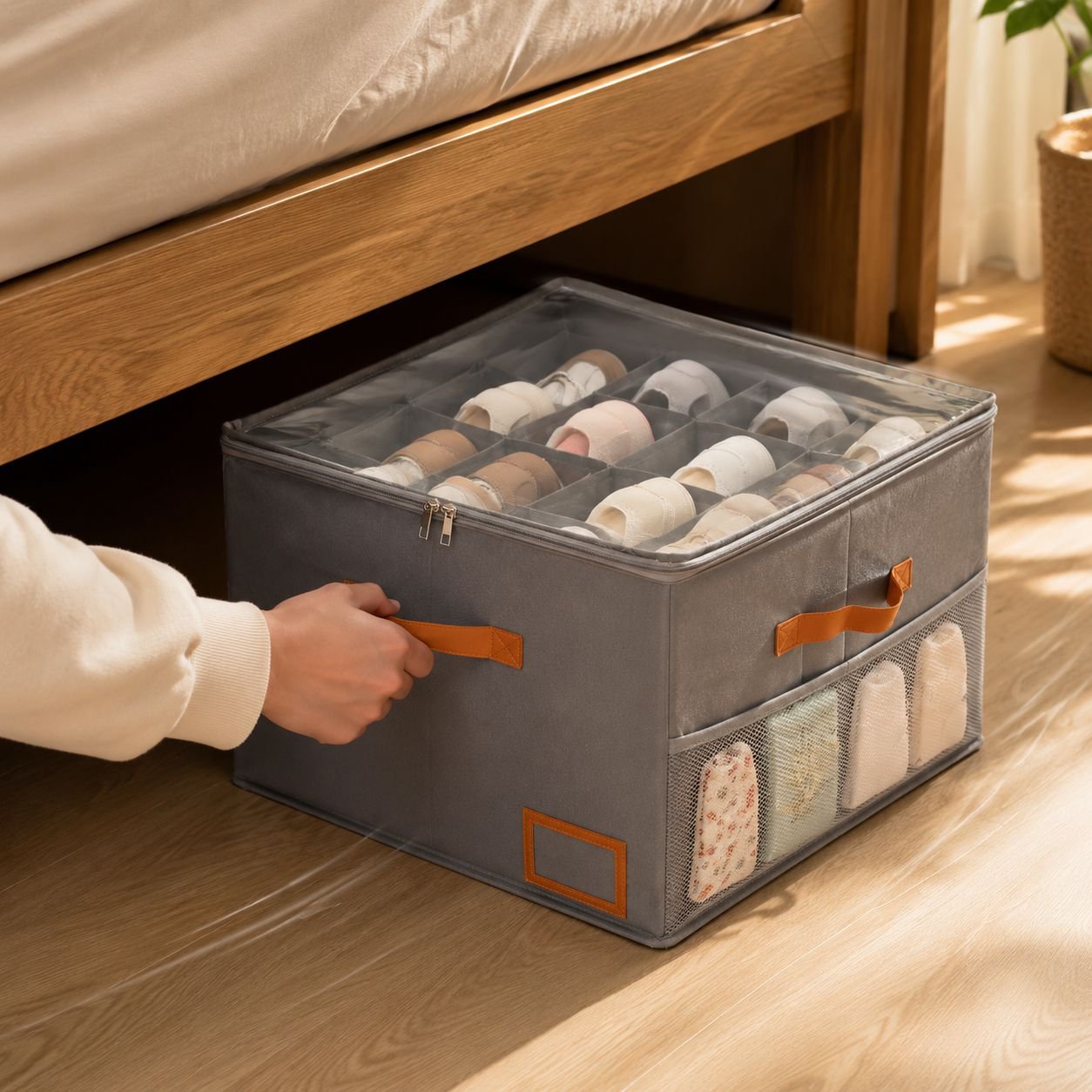 Schuhaufbewahrungsbox aus Stoff mit Fächern, Deckel, faltbar, staub- und feuchtigkeitsgeschützt